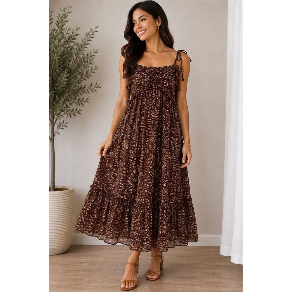 Pie In The Sky Women’s M Brown Ruffle Tie Strap Midi Dress NWT